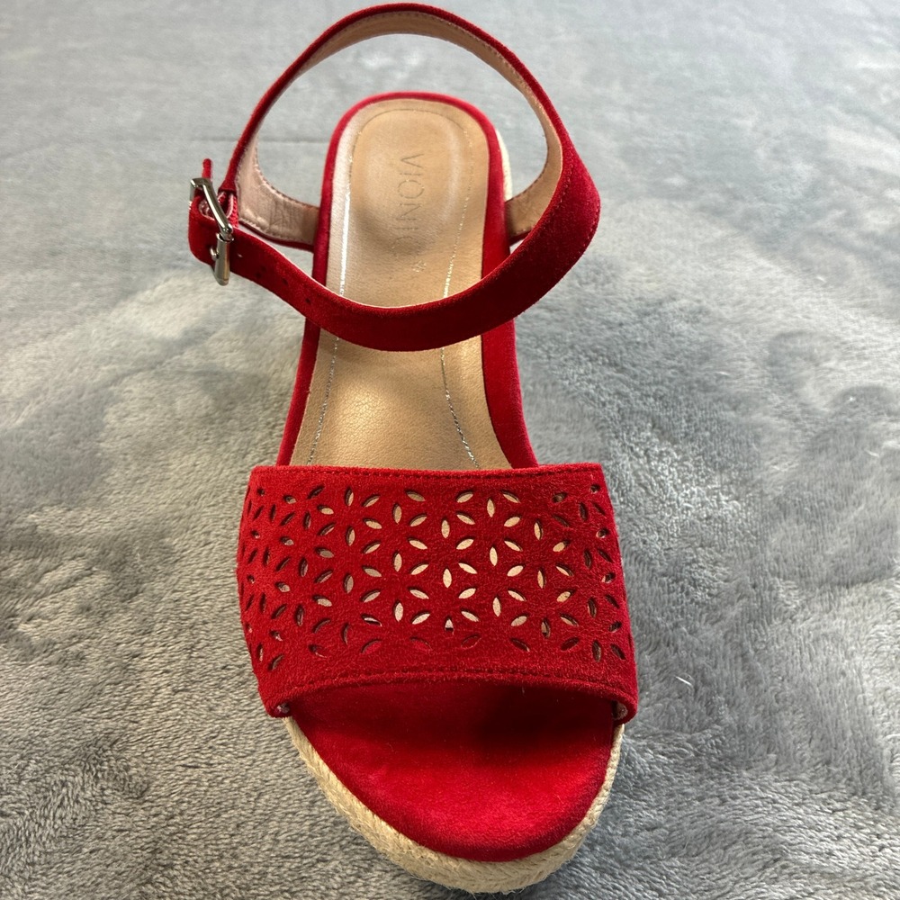 Vionic Ariel Red Suede Laser Cut Espadrille Wedge Sandals Womens 8M VS387 - Picture 15 of 16